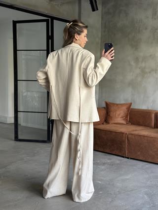 Keten Karşımlı Blazer Ceket Palazzo Pantolon Takım - Ekru