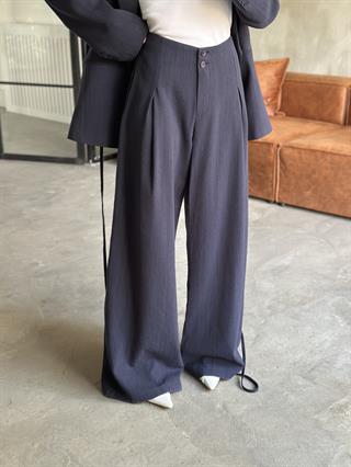 Keten Karşımlı Blazer Ceket Palazzo Pantolon Takım - Lacivert