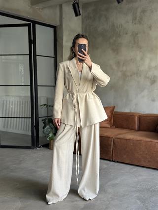Keten Karşımlı Blazer Ceket Palazzo Pantolon Takım - Ekru