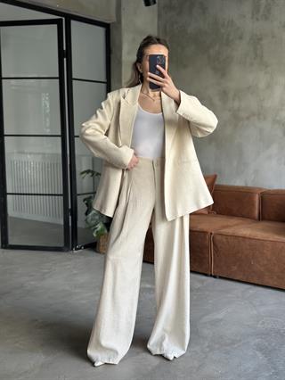 Keten Karşımlı Blazer Ceket Palazzo Pantolon Takım - Ekru