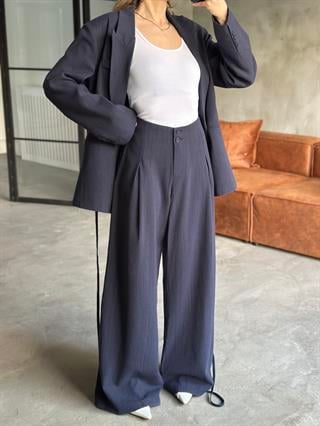 Keten Karşımlı Blazer Ceket Palazzo Pantolon Takım - Lacivert
