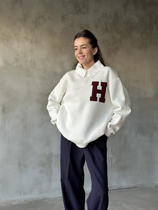 Kolej Nakışlı Oversize Sweatshirt - Beyaz