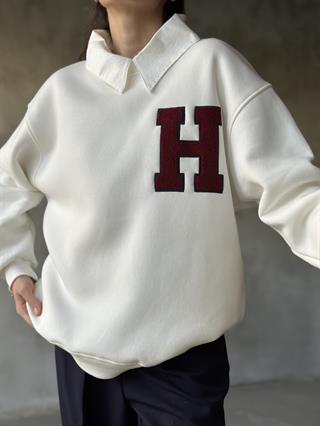 Kolej Nakışlı Oversize Sweatshirt - Beyaz