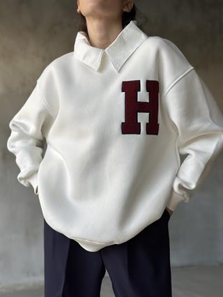 Kolej Nakışlı Oversize Sweatshirt - Beyaz