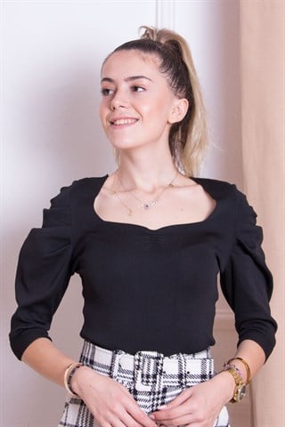 Kolları Büzgülü Bluz - Siyah