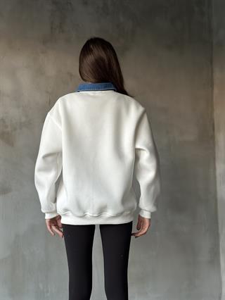 Kot Detay Oversize Sweatshirt - Beyaz