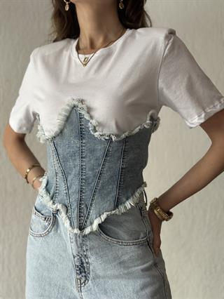 (ÖN SİPARİŞ) Kot Korse Vatkalı T-shirt - Beyaz