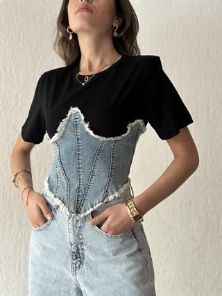 Kot Korseli Vatkalı T-shirt - Siyah