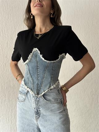 Kot Korseli Vatkalı T-shirt - Siyah