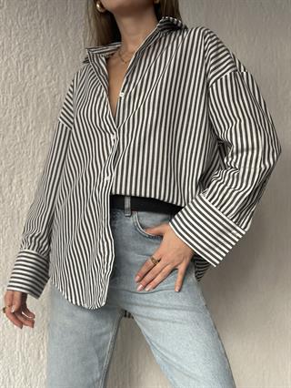 Koyu Antrasit Çizgili Oversize Gömlek
