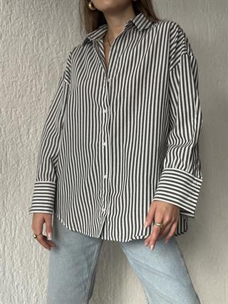 Koyu Antrasit Çizgili Oversize Gömlek