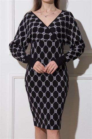 Kruvaze Yaka Zincir Desenli Elbise - Siyah