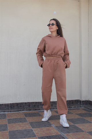 Lastik Detaylı Şardonlu  Eşofman Takımı - Camel