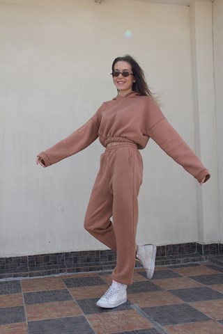 Lastik Detaylı Şardonlu  Eşofman Takımı - Camel