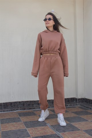 Lastik Detaylı Şardonlu  Eşofman Takımı - Camel
