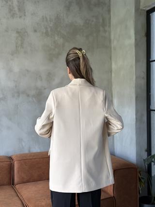 Leopar Astarlı Şal Yaka Premium Krep Blazer Ceket - Krem