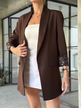 Leopar Astarlı Şal Yaka Premium Krep Blazer Ceket - Kahverengi