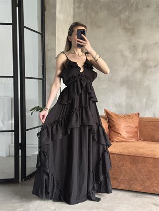Linda Fırfırlı Gofre Elbise Siyah