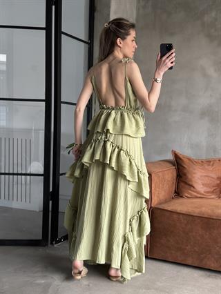 Linda Fırfırlı Gofre Elbise Yeşil