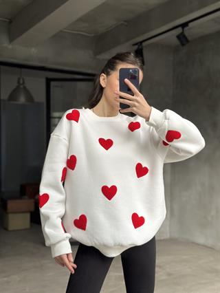 Love Kalp Nakışlı Sweatshirt - Beyaz