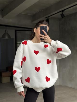 Love Kalp Nakışlı Sweatshirt - Beyaz
