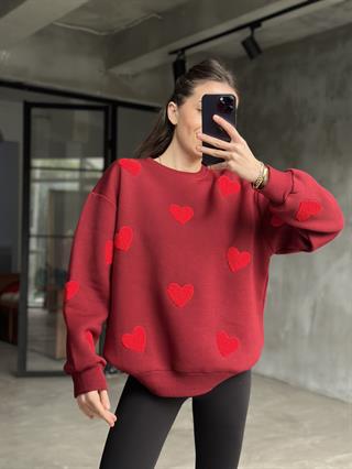 Love Kalp Nakışlı Sweatshirt - Bordo