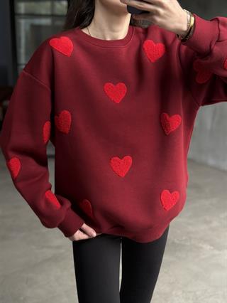 Love Kalp Nakışlı Sweatshirt - Bordo