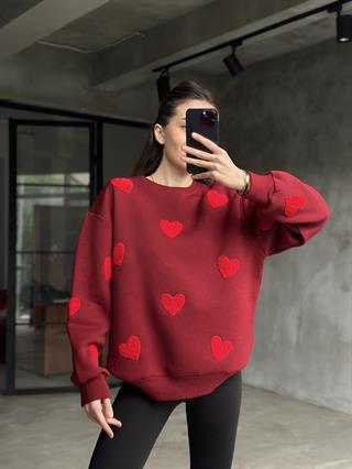 Love Kalp Nakışlı Sweatshirt - Bordo