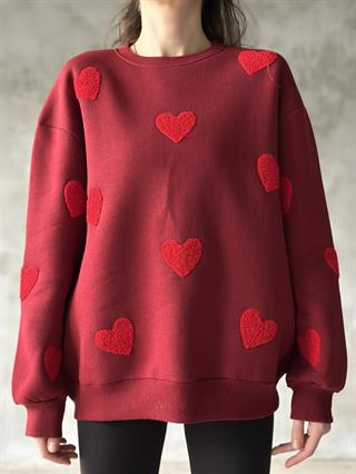 Love Kalp Nakışlı Sweatshirt - Bordo