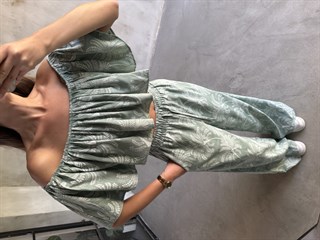 Madonna Yaka Keten Desenli Takım - Yeşil