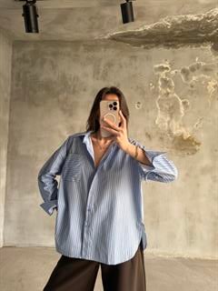 Mavi Kahve Çizgili Oversize Gömlek