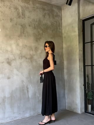 Maxi Asimetrik Tasarım Tül Detay Elbise - Siyah