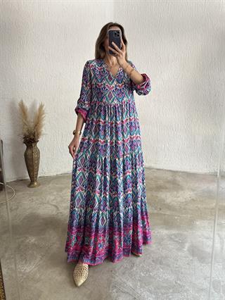 Maxi Desenli Pamuklu Elbise - Pembe