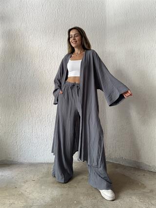 Heny Maxi Kimono Gofre Takım - Gri