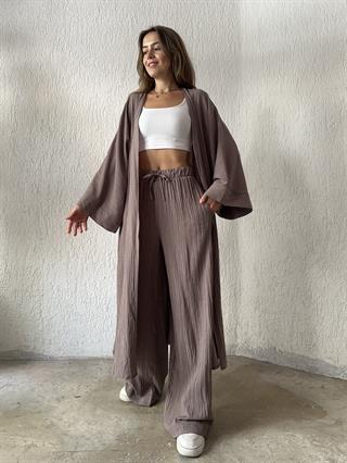 Heny Maxi Kimono Gofre Takım - Vizon