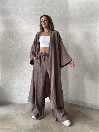 Heny Maxi Kimono Gofre Takım - Vizon