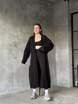 Maxi Kuşaklı Triko Hırka - Siyah