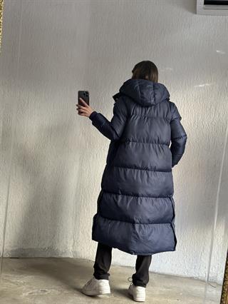 Maxi Uzun Çıtçıtlı Şişme Mont - Lacivert