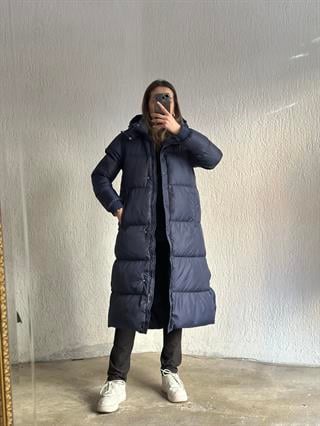 Maxi Uzun Çıtçıtlı Şişme Mont - Lacivert