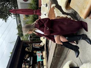 Metal Detay Oversize Maxi Boy Kuşaklı Kaşe Kaban - Bordo