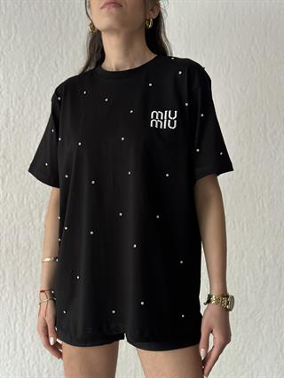 Miu Miu Taşlı Oversize Tişört -siyah