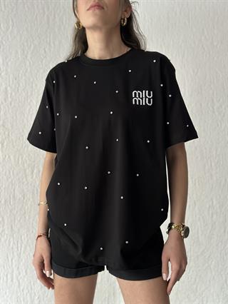 Miu Miu Taşlı Oversize Tişört -siyah