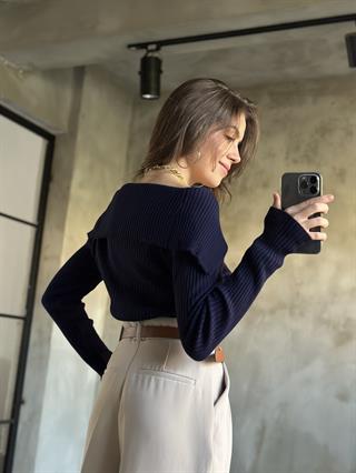 Mng Şal Yaka Triko Düğmeli Bluz Lacivert