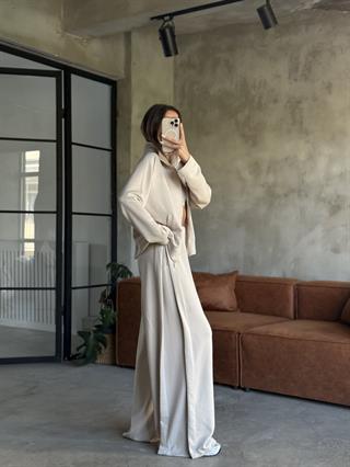 Modal Pilili Ceket Pantolon Takım - Bej