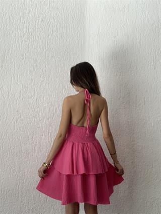 Müslin Boyundan Bağlamalı Katlı Elbise - Pembe