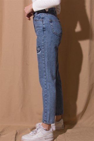 Nakışlı Mom Jean - Mavi