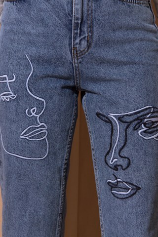 Nakışlı Mom Jean - Mavi