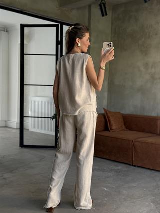 Natural Keten Yelek Pantolon Takım