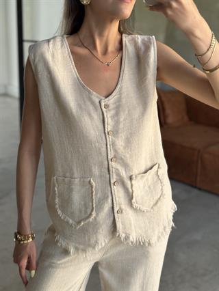 Natural Keten Yelek Pantolon Takım