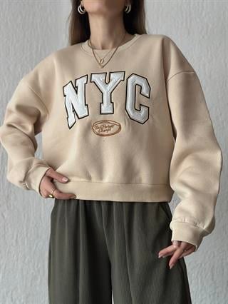 NYC Nakışlı Sweatshirt - Krem